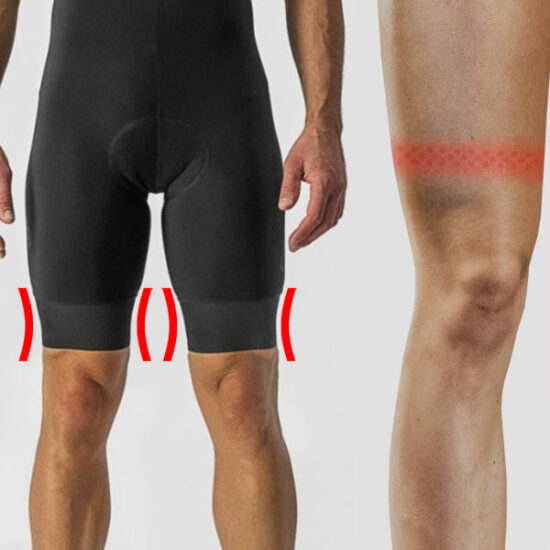 Darstellung der Nachteile gummierter Beinabschlüsse an Radhosen durch hohen Druck, Einschneiden und reduzierte Atmungsaktivität