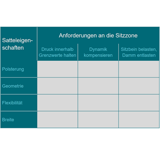 Sitzmatrix verbindet Anforderungen an Sitzzone und Satteleigenschaften – Einflussstärke über e's dargestellt